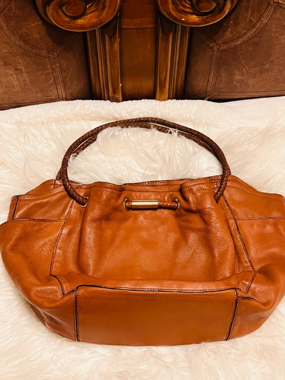 ANTONIO MELANI Tan Leather Tote with Braided Handles - Picture 3 of 10